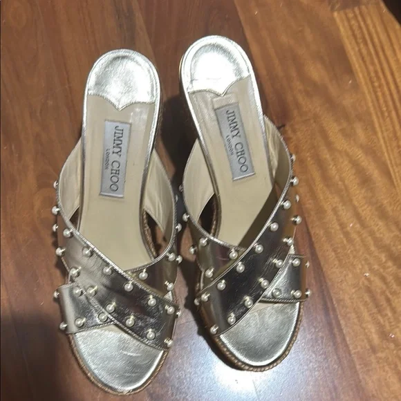 Jimmy Choo Gold Sandals with Crisscross Straps - Picture 1 of 4